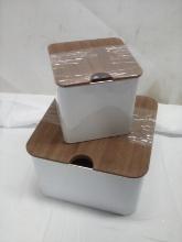 3Pc Set of White Metal Storage Tins w/ Wooden Lids (2 Small Are Stacked)