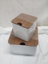 3Pc Set of White Metal Storage Tins w/ Wooden Lids (2 Small Are Stacked)