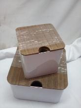 3Pc Set of White Metal Storage Tins w/ Wooden Lids (2 Small Are Stacked)