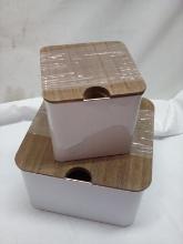 3Pc Set of White Metal Storage Tins w/ Wooden Lids (2 Small Are Stacked)