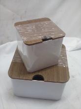 3Pc Set of White Metal Storage Tins w/ Wooden Lids (2 Small Are Stacked)