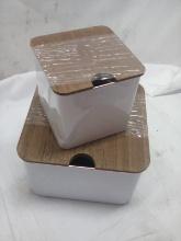 3Pc Set of White Metal Storage Tins w/ Wooden Lids (2 Small Are Stacked)