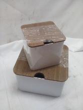 3Pc Set of White Metal Storage Tins w/ Wooden Lids (2 Small Are Stacked)