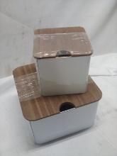 3Pc Set of White Metal Storage Tins w/ Wooden Lids (2 Small Are Stacked)