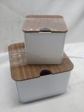 3Pc Set of White Metal Storage Tins w/ Wooden Lids (2 Small Are Stacked)