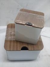 3Pc Set of White Metal Storage Tins w/ Wooden Lids (2 Small Are Stacked)