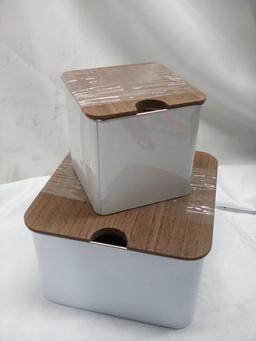 3Pc Set of White Metal Storage Tins w/ Wooden Lids (2 Small Are Stacked)