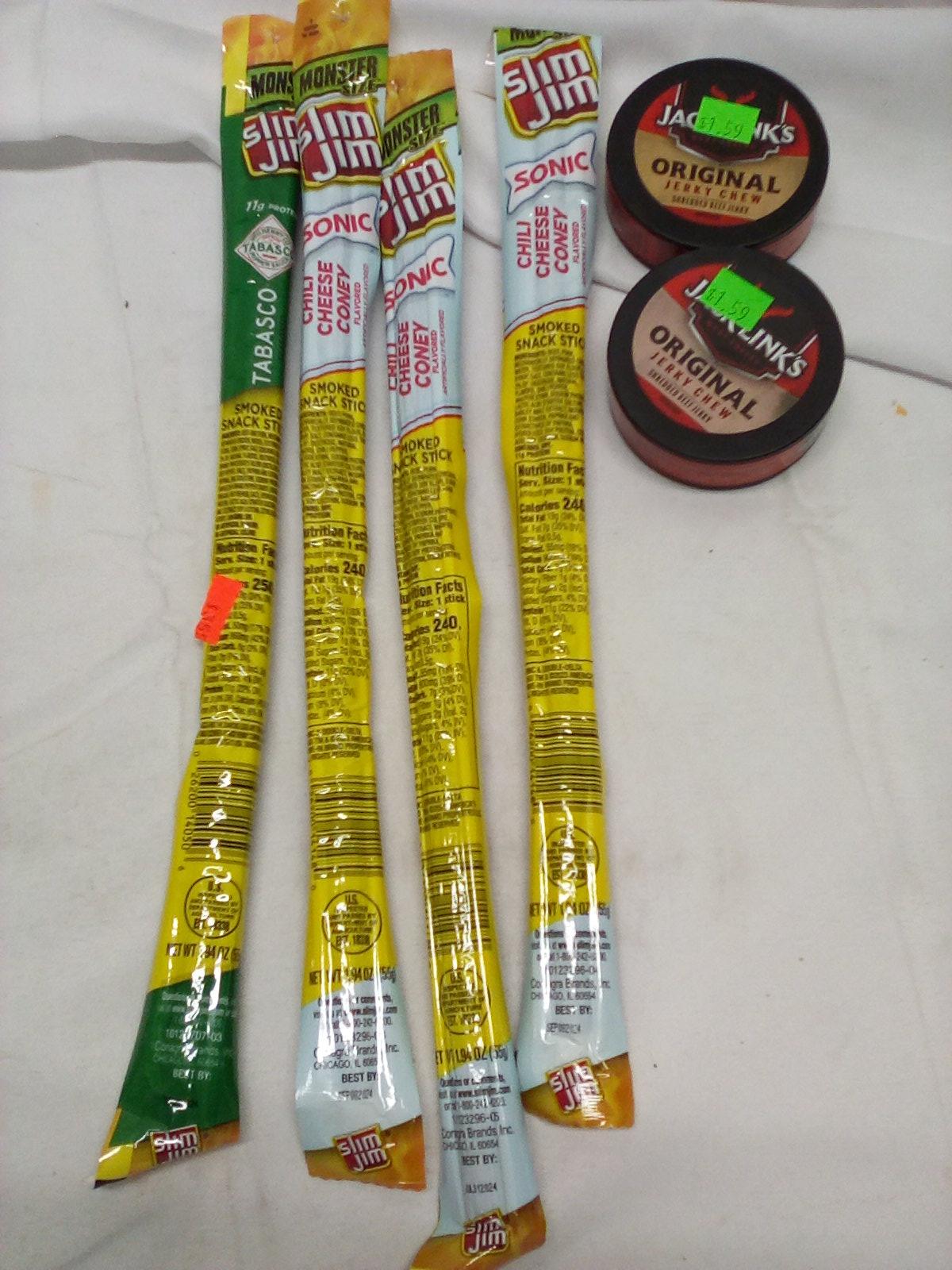 Slim Jim Chili Cheese Coney/ Tabasco/ Qty 2 Jack Links Jerky Chew