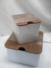 3Pc Set of White Metal Storage Tins w/ Wooden Lids (2 Small Are Stacked)