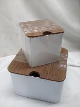 3Pc Set of White Metal Storage Tins w/ Wooden Lids (2 Small Are Stacked)