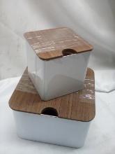 3Pc Set of White Metal Storage Tins w/ Wooden Lids (2 Small Are Stacked)