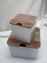 3Pc Set of White Metal Storage Tins w/ Wooden Lids (2 Small Are Stacked)