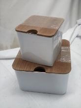 3Pc Set of White Metal Storage Tins w/ Wooden Lids (2 Small Are Stacked)