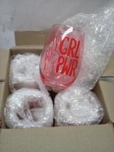 Set of 4 Pink/Red BLUSH “Grl Pwr” Stemless Glasses