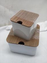3Pc Set of White Metal Storage Tins w/ Wooden Lids (2 Small Are Stacked)