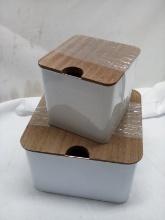 3Pc Set of White Metal Storage Tins w/ Wooden Lids (2 Small Are Stacked)