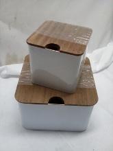 3Pc Set of White Metal Storage Tins w/ Wooden Lids (2 Small Are Stacked)