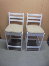 2 Matching White Painted Solid Wood Stools w/ Cushions