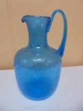 Beautiful Blue Vintage Crackle Glass Pitcher