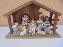 Vintage Wood & Porcelain Nativity Set