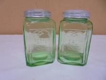 Vintage Set of Green Glass Salt & Pepper Shakers