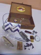 Vintage Wooden cigar Box Filled  w/ Men's Items