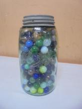 Vintage Blue Glass Ball Quart Jar Full of Marbles