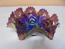 Antique Imperial "Embossed Scroll" Purple Iridescent Carnival Glass Bowl