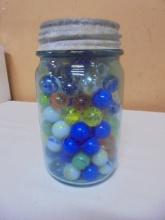 Vintage Blue Glass Ball Pint Jar Full of Marbles