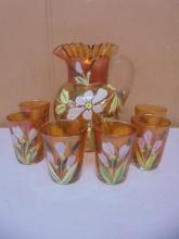 Beautiful Fenton Marigold Carnival Handpainted Pitcher & 6 Matching Glasses