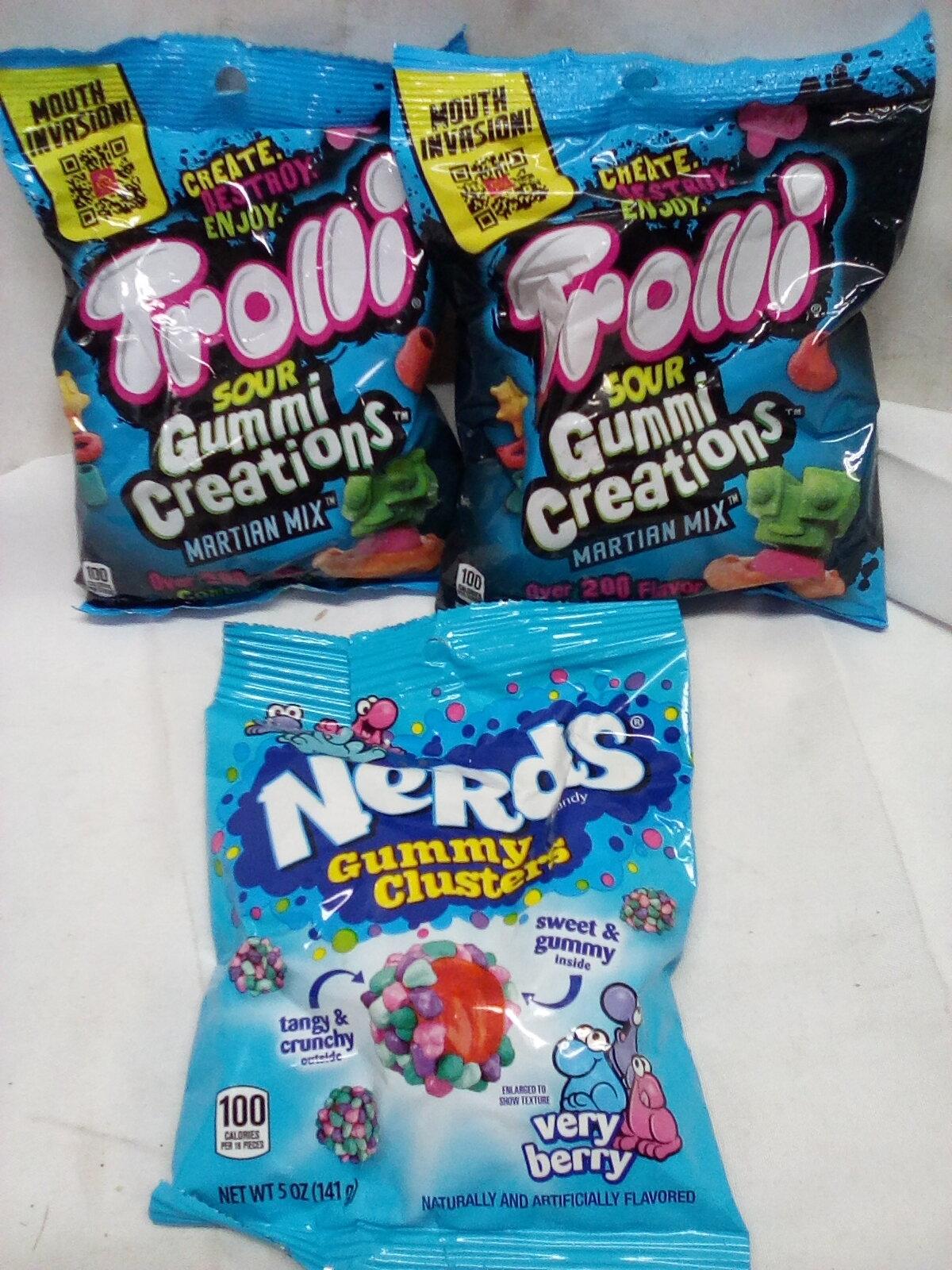 Qty 2 Trolli Sour Gummi Creations/ qty 1 Nerds Gummy Clusters