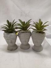 Qty 3 Faux Succulents 3” Cement Face Vase