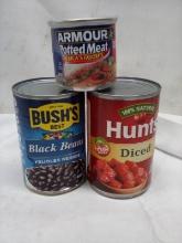 Black Beans 15oz/ Hunts Diced Tomatoes 14.5oz/ Potted Meat 5.5 oz
