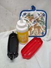 Qty 2 Hot Dog Holders/ Mustard Squeeze Bottle/ Hot Pad