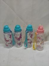 Lot of 4 Assorted Kids 16.9FlOz Flip Straw Water Bottles w/ Wrist Band
