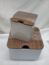 3Pc Set of White Metal Storage Tins w/ Wooden Lids (2 Small Are Stacked)