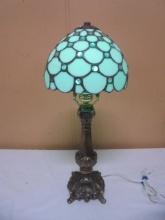Beautiful Ornate Metal Lamp w/ Leaded Glass Shade