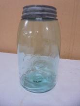 Antique Blue Glass Ball Mason Quart Jar w/ Zinc Lid