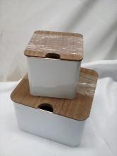 3Pc Set of White Metal Storage Tins w/ Wooden Lids (2 Small Are Stacked)