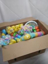Full 20.75”x12.5”x14.5” Box of Assor. Easter Decor, Grass, and Treat Containers
