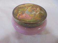 Antique Pink Glass Metal Lid Powder Box