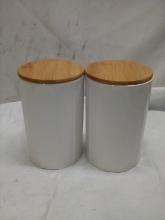 Qty 2 Ceramic Canister with Bamboo Lid 4.75” x 7.5”