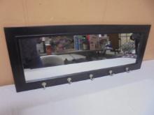 Wood Framed Wall Mirror w/ 5 Metal Hooks