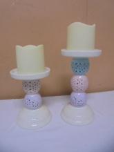 2 Matching Porcelain Candle Holders w/ LED Flameless Candles