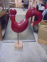 Large Red Metal Rooster on Stone Base