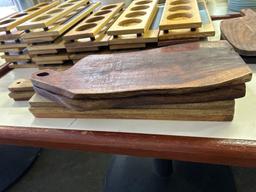 Lot of All Wood Pint Holders and Serving Platters on This Table