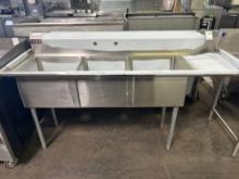 New RJ 72 in. Stainless Steel 3 Tub Sink with Right Side Drain Board