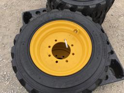 (4) 10-16.5 LOADMAXX SKID STEER TIRES ON NH/JD/CAT WHEELS - ALL ONE PRICE