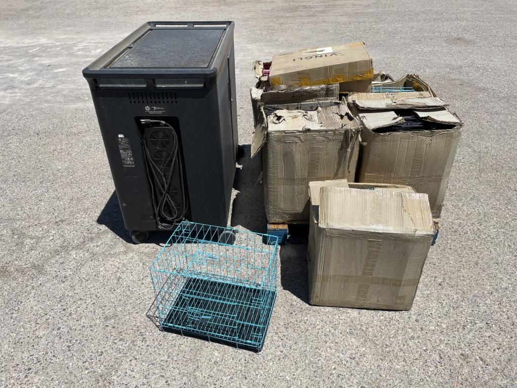 Pallet of UNUSED Pet Cages, Charging Cart