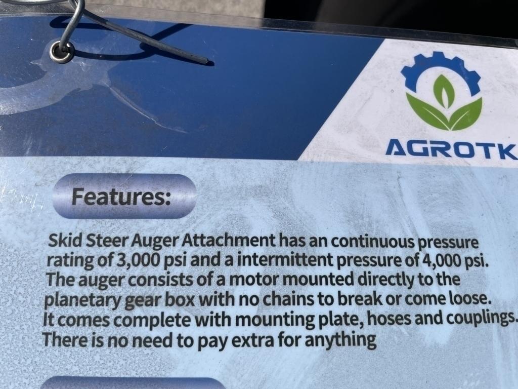 UNUSED Hydraulic Skid-Steer Blue Auger w/ 3 Bits